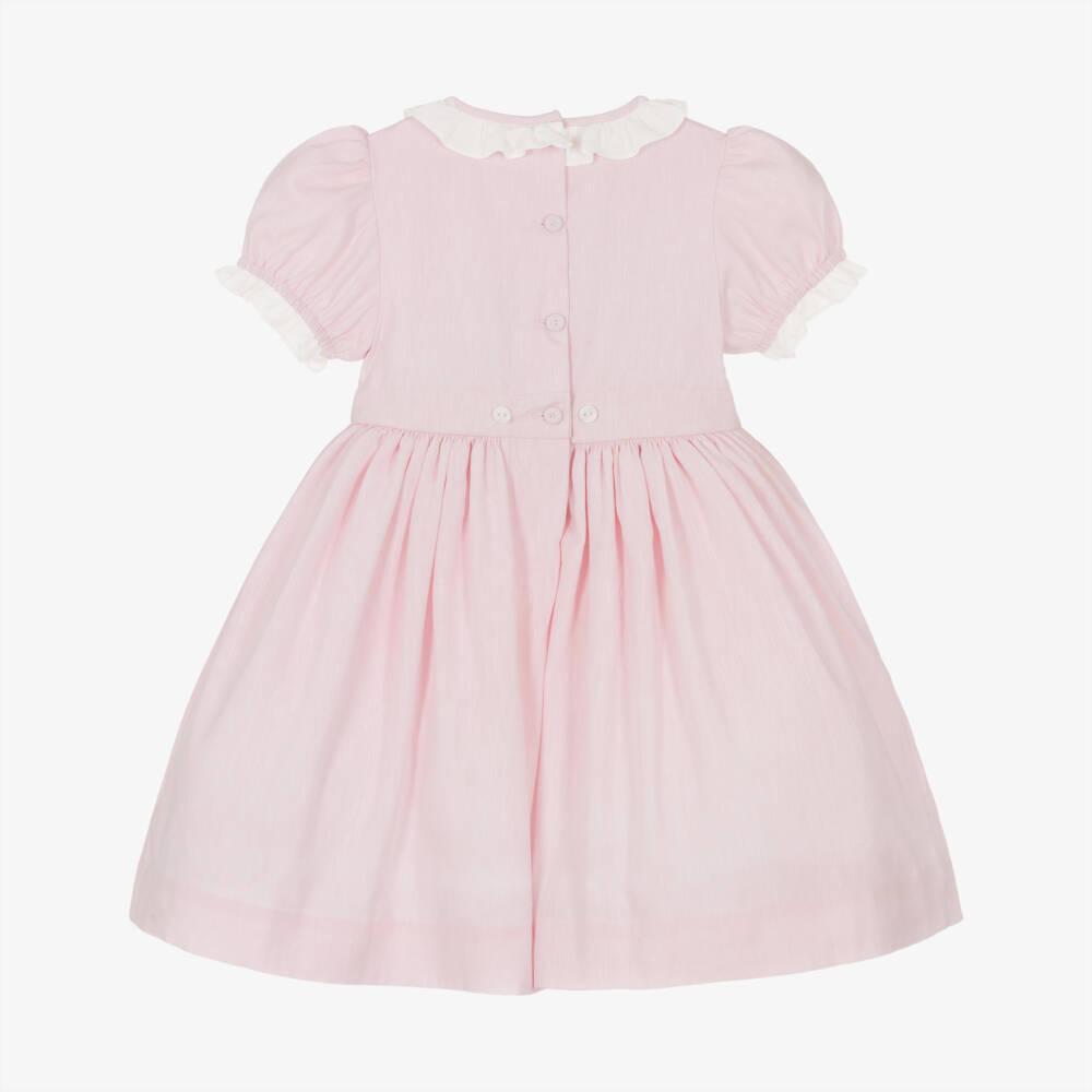 Beatrice & George-Girls Pink Hand-Smocked Dress with Floral Embroidery | Childrensalon