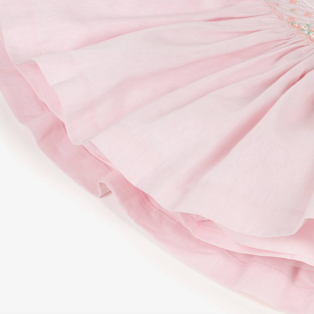 Beatrice & George-Girls Pink Hand-Smocked Dress with Floral Embroidery | Childrensalon