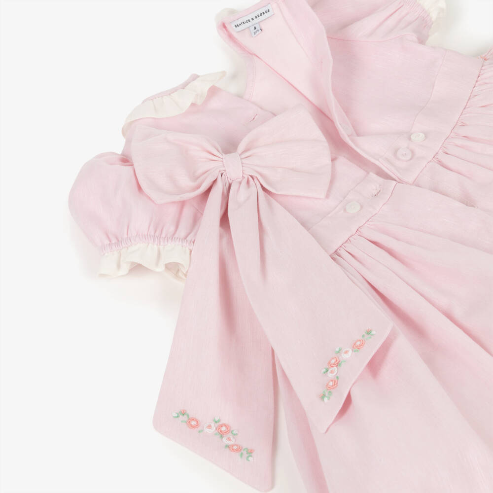 Beatrice & George-Girls Pink Hand-Smocked Dress with Floral Embroidery | Childrensalon