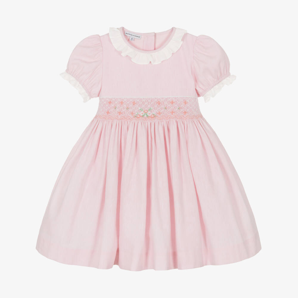 Beatrice & George-Girls Pink Hand-Smocked Dress with Floral Embroidery | Childrensalon