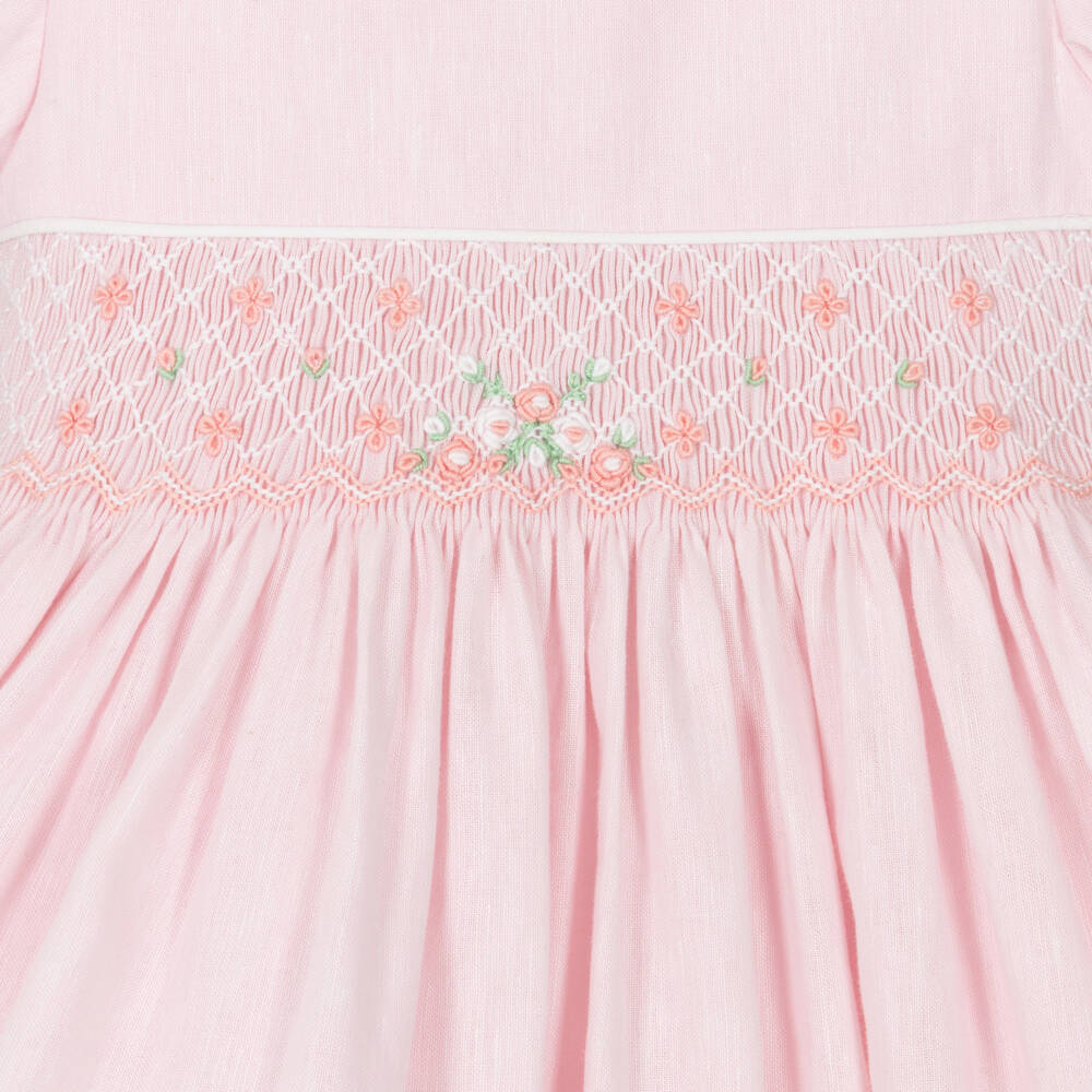 Beatrice & George-Girls Pink Hand-Smocked Dress with Floral Embroidery | Childrensalon