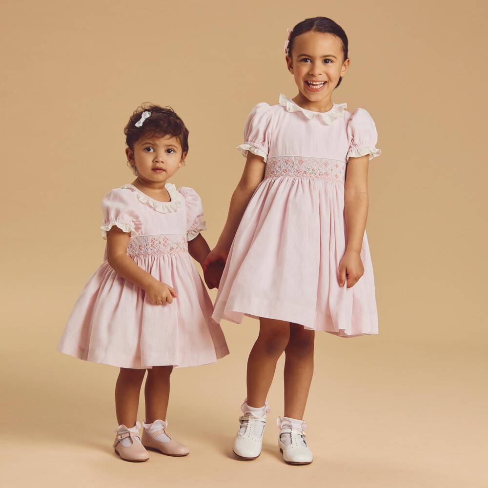 Beatrice & George-Girls Pink Hand-Smocked Dress with Floral Embroidery | Childrensalon