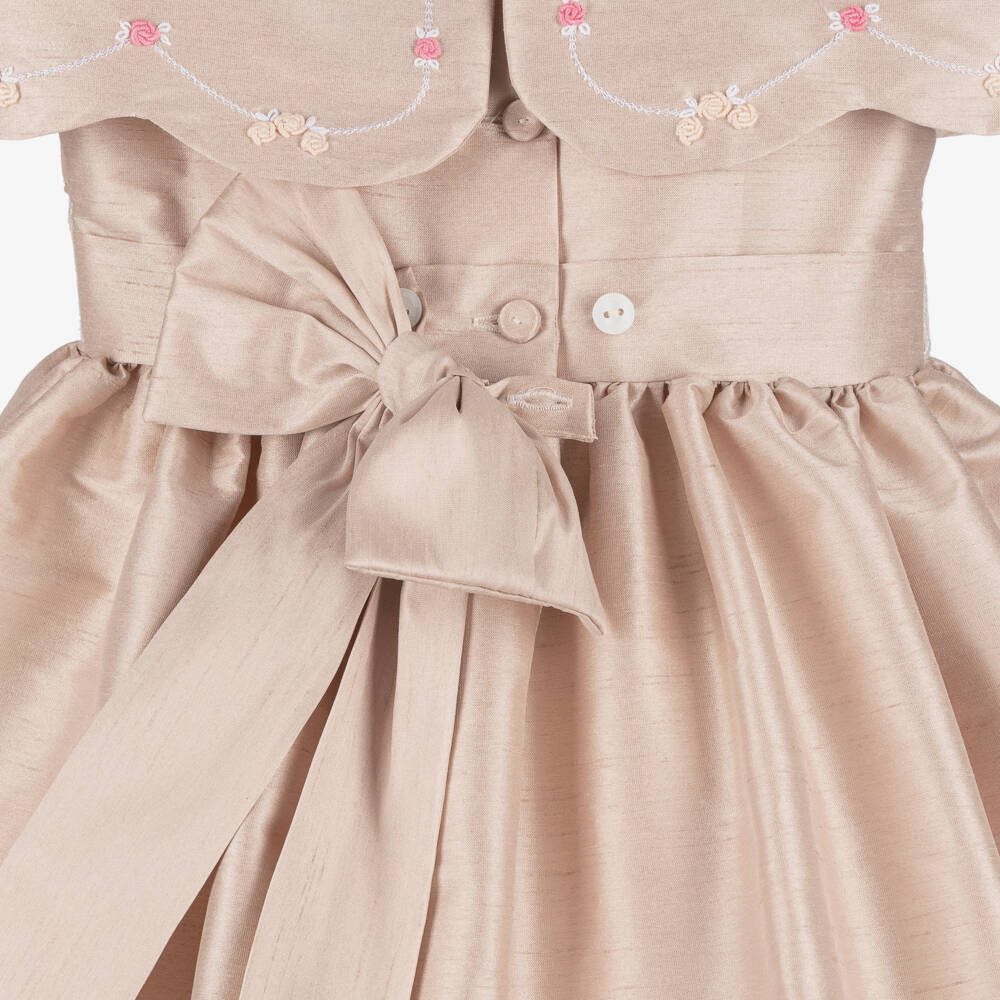 Beatrice & George-Girls Pink Hand-Smocked Dupion Dress with Cape Collar | Childrensalon