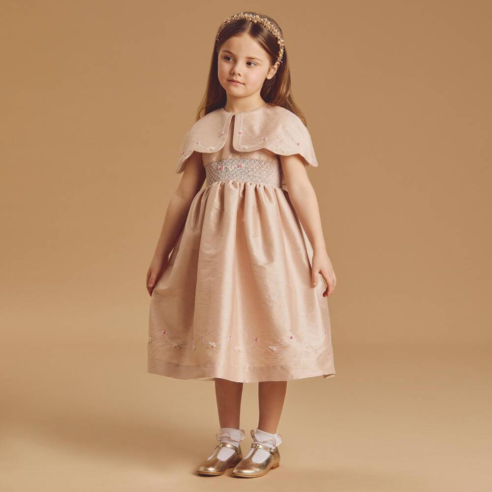 Beatrice & George-Girls Pink Hand-Smocked Dupion Dress with Cape Collar | Childrensalon