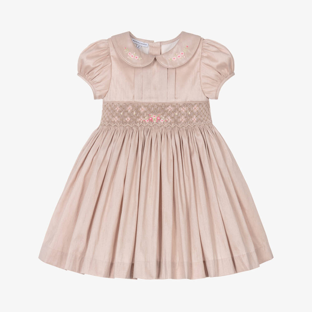 Beatrice & George-Girls Pink Hand-Smocked & Embroidered Dupion Dress | Childrensalon