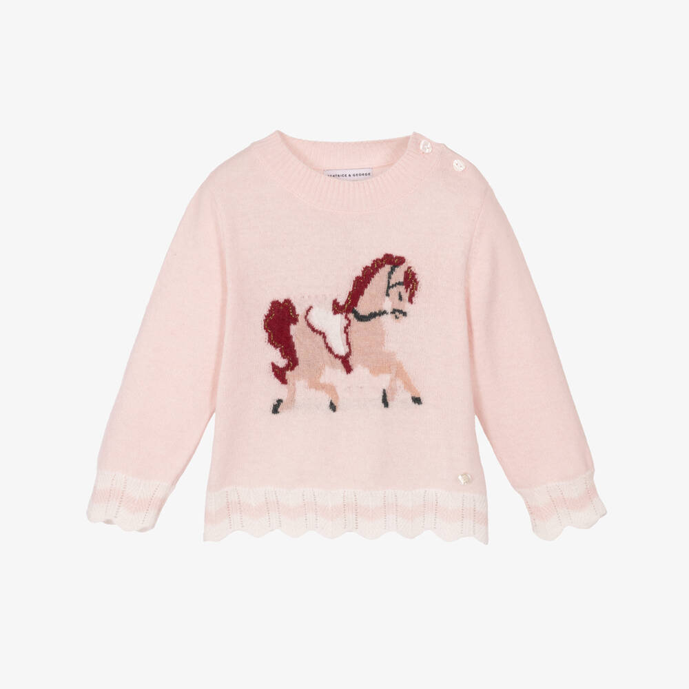 Beatrice & George-Girls Pink Horse Intarsia Knitted Sweater | Childrensalon
