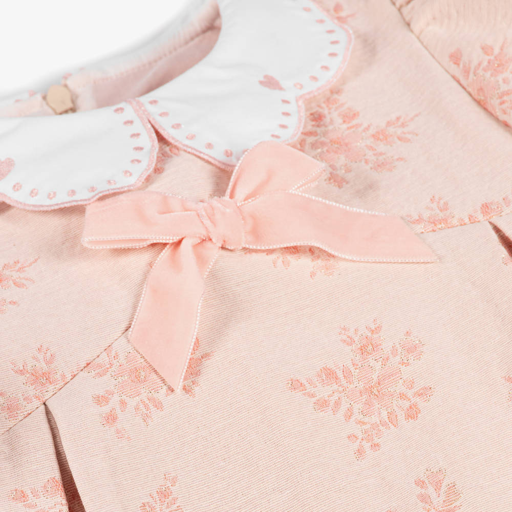 Beatrice & George-Girls Pink Jacquard Dress with Embroidered Collar | Childrensalon