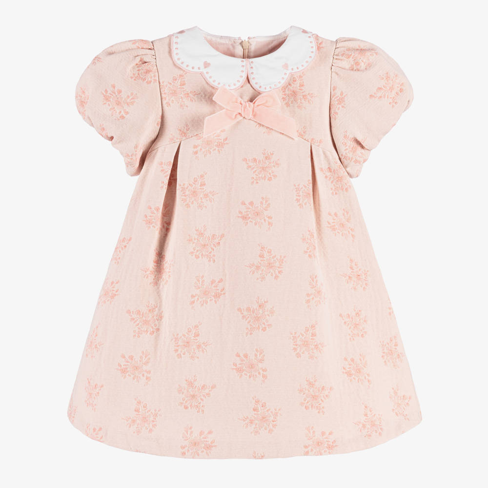 Beatrice & George-Girls Pink Jacquard Dress with Embroidered Collar | Childrensalon