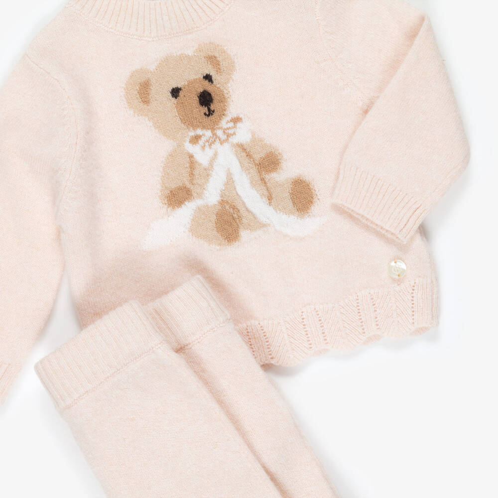 Beatrice & George-Girls Pink Knitted 2 Piece Babygrow with Teddy Motif | Childrensalon