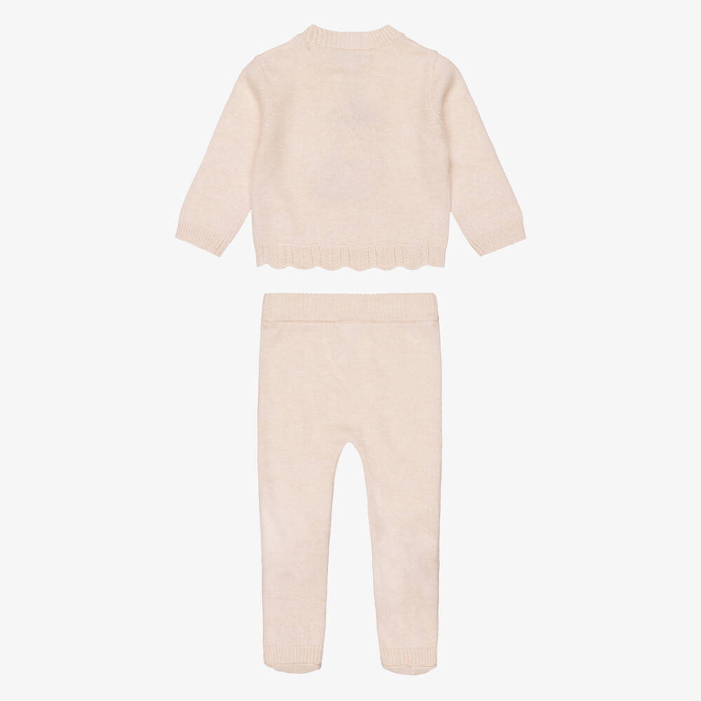 Beatrice & George-Girls Pink Knitted 2 Piece Babygrow with Teddy Motif | Childrensalon