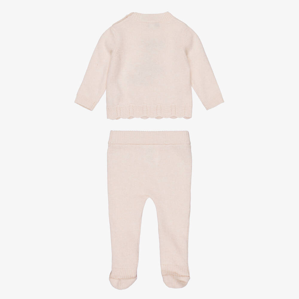 Beatrice & George-Girls Pink Knitted 2 Piece Babygrow with Teddy Motif | Childrensalon