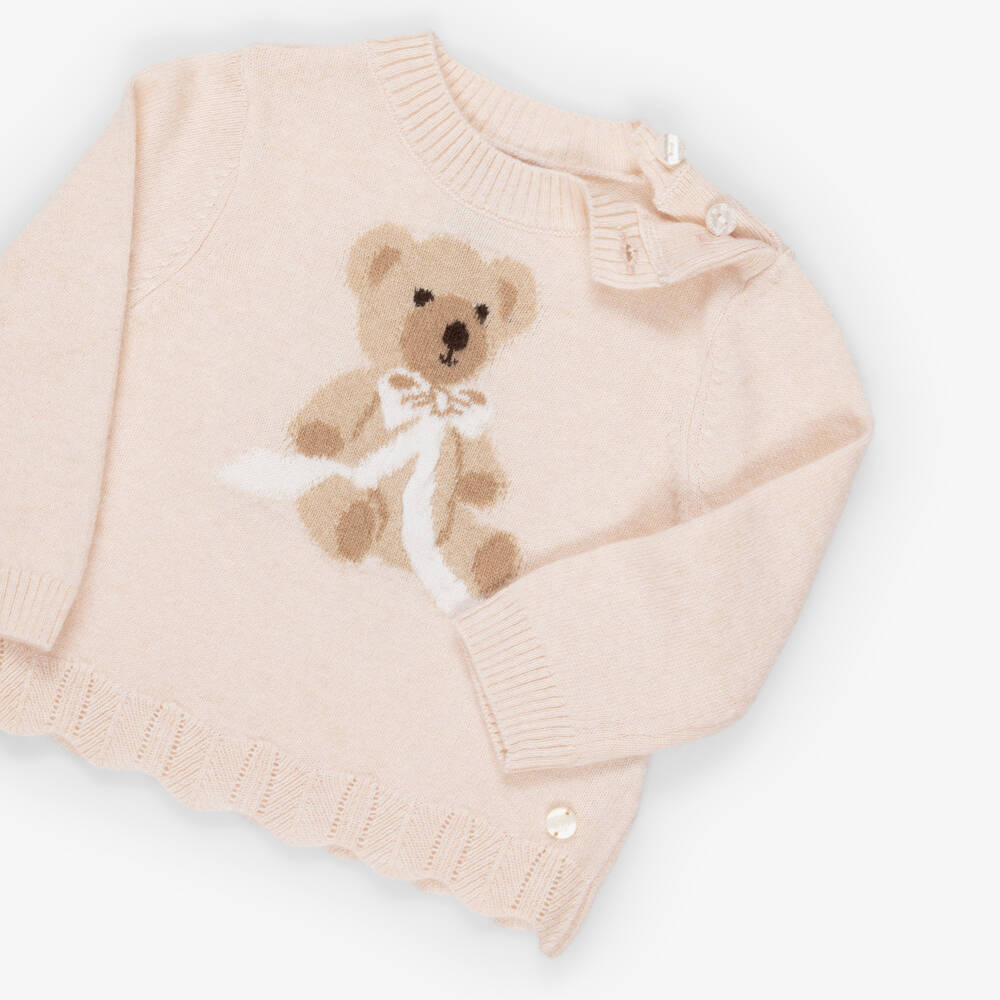 Beatrice & George-Girls Pink Knitted 2 Piece Babygrow with Teddy Motif | Childrensalon
