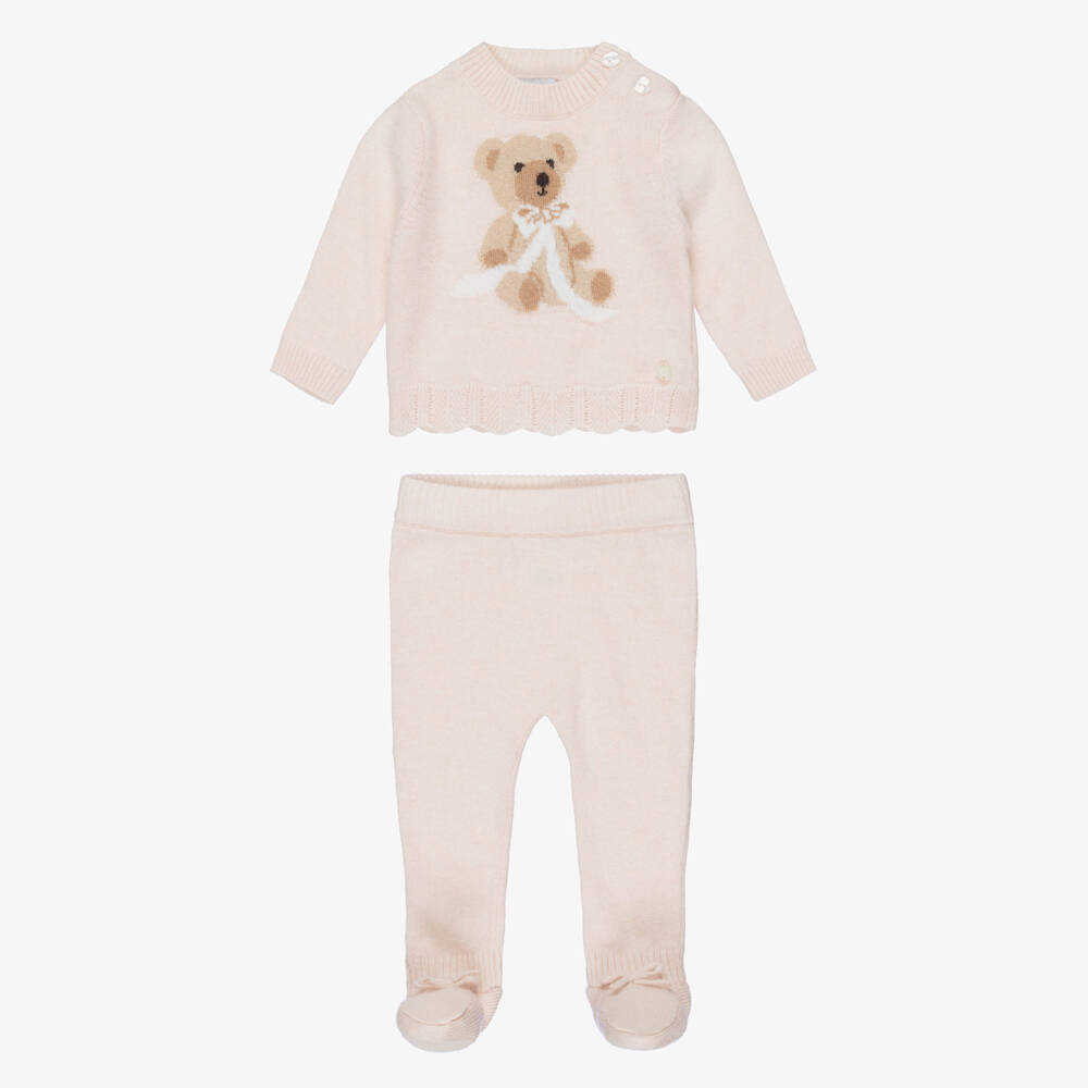 Beatrice & George-Girls Pink Knitted 2 Piece Babygrow with Teddy Motif | Childrensalon
