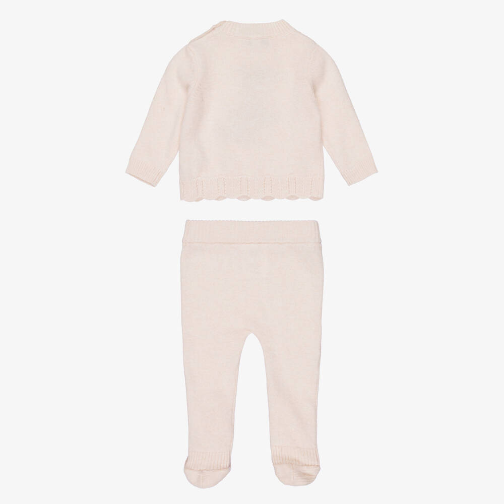 Beatrice & George-Girls Pink Knitted 2 Piece Babygrow with Teddy Motif | Childrensalon