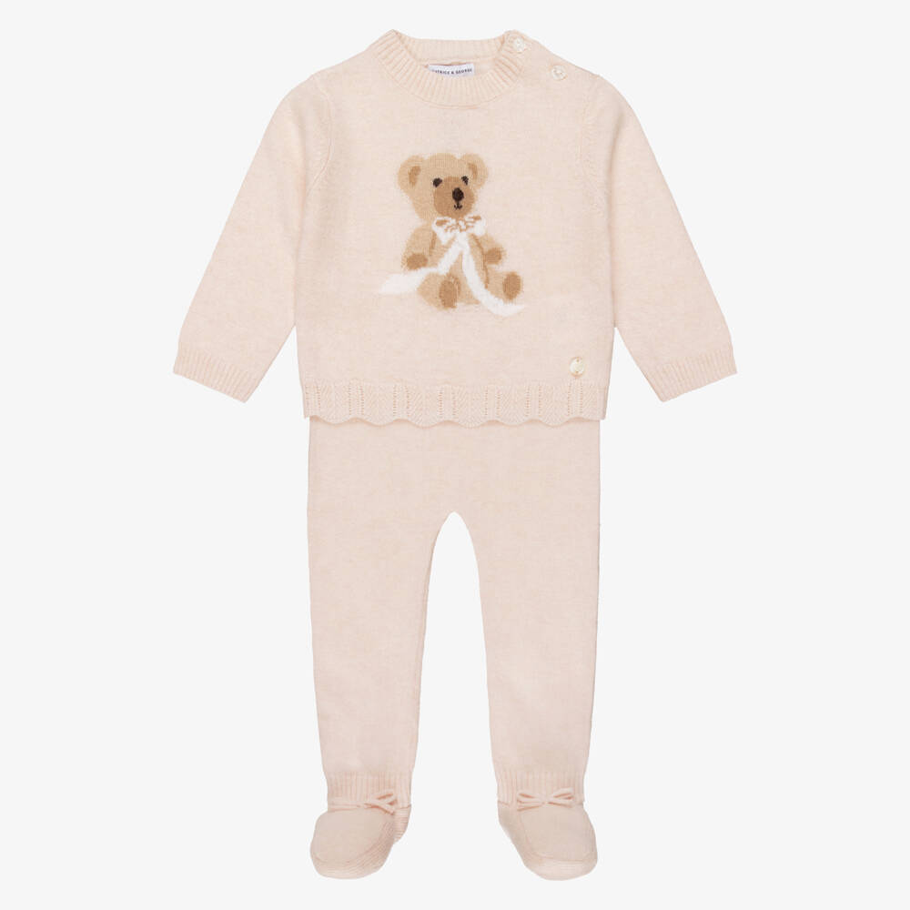 Beatrice & George-Girls Pink Knitted 2 Piece Babygrow with Teddy Motif | Childrensalon