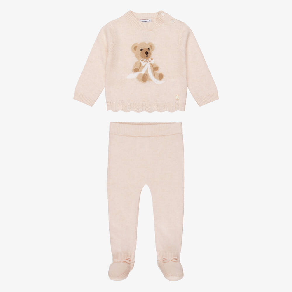Beatrice & George-Girls Pink Knitted 2 Piece Babygrow with Teddy Motif | Childrensalon
