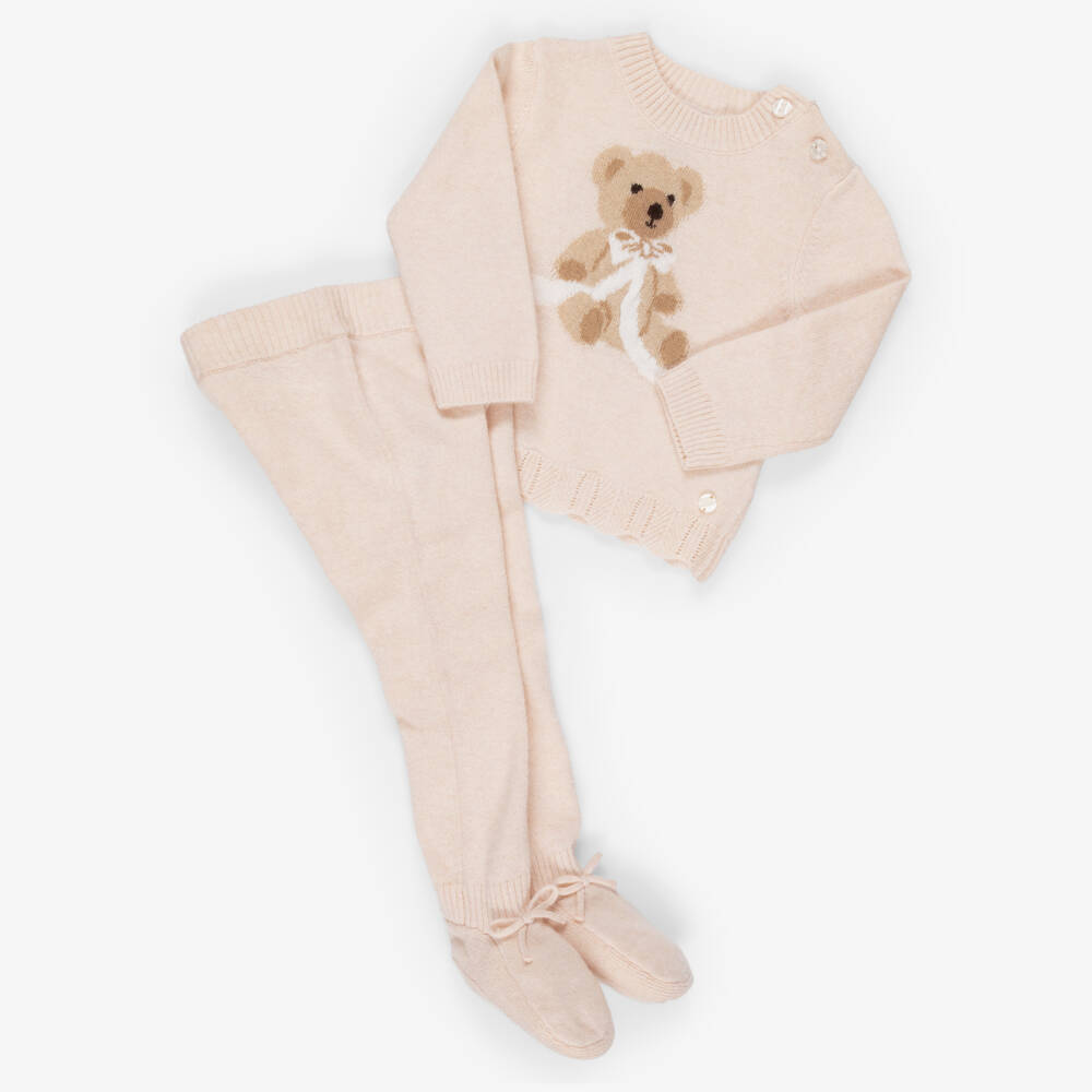 Beatrice & George-Girls Pink Knitted 2 Piece Babygrow with Teddy Motif | Childrensalon