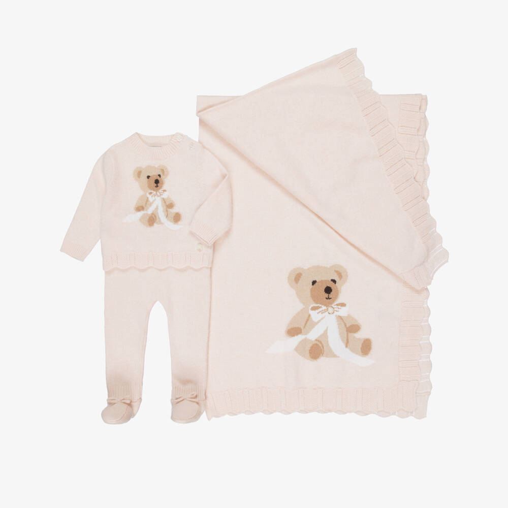 Beatrice & George-Girls Pink Knitted Babysuit & Blanket Set with Teddy Motif | Childrensalon