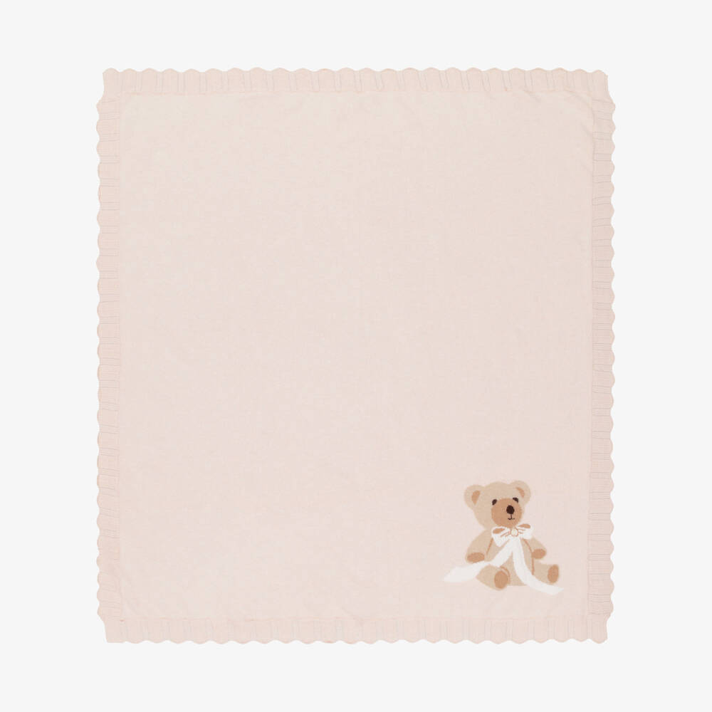 Beatrice & George-Girls Pink Knitted Babysuit & Blanket Set with Teddy Motif | Childrensalon