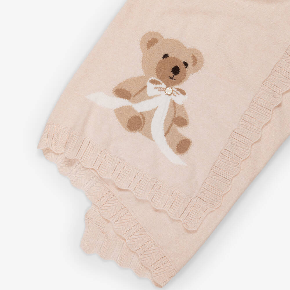 Beatrice & George-Girls Pink Knitted Blanket with Teddy Motif (95cm) | Childrensalon