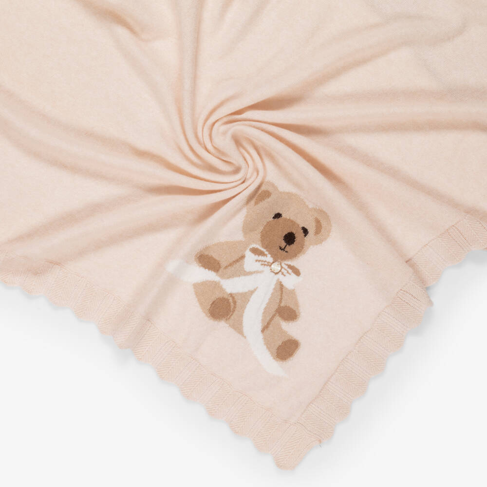 Beatrice & George-Girls Pink Knitted Blanket with Teddy Motif (95cm) | Childrensalon