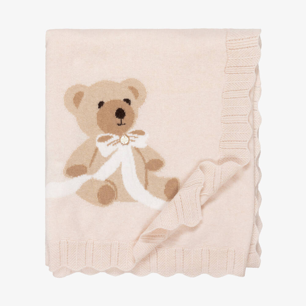 Beatrice & George-Girls Pink Knitted Blanket with Teddy Motif (95cm) | Childrensalon