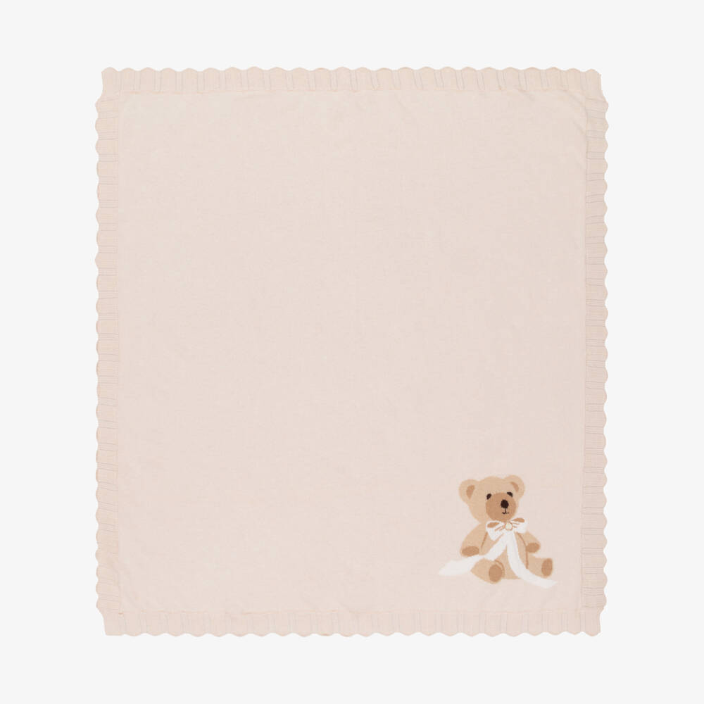 Beatrice & George-Girls Pink Knitted Blanket with Teddy Motif (95cm) | Childrensalon