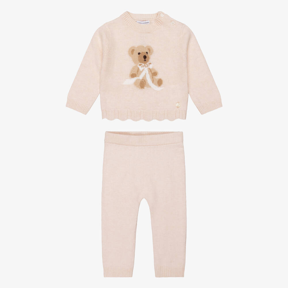 Beatrice & George-Girls Pink Knitted Leggings Set with Teddy Motif | Childrensalon