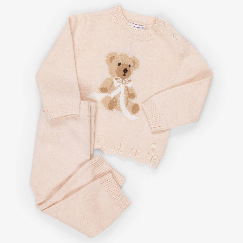 Beatrice & George-Girls Pink Knitted Leggings Set with Teddy Motif | Childrensalon