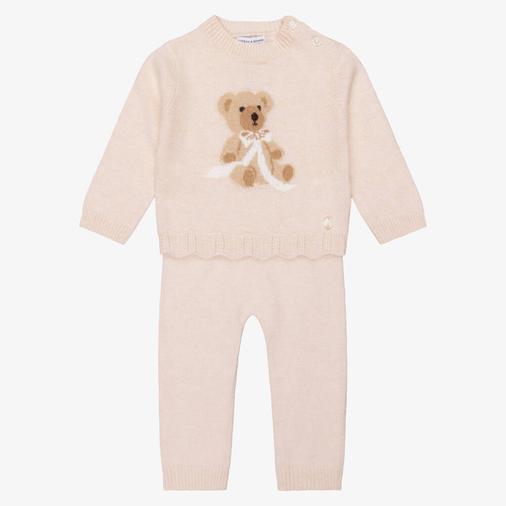 Beatrice & George-Girls Pink Knitted Leggings Set with Teddy Motif | Childrensalon