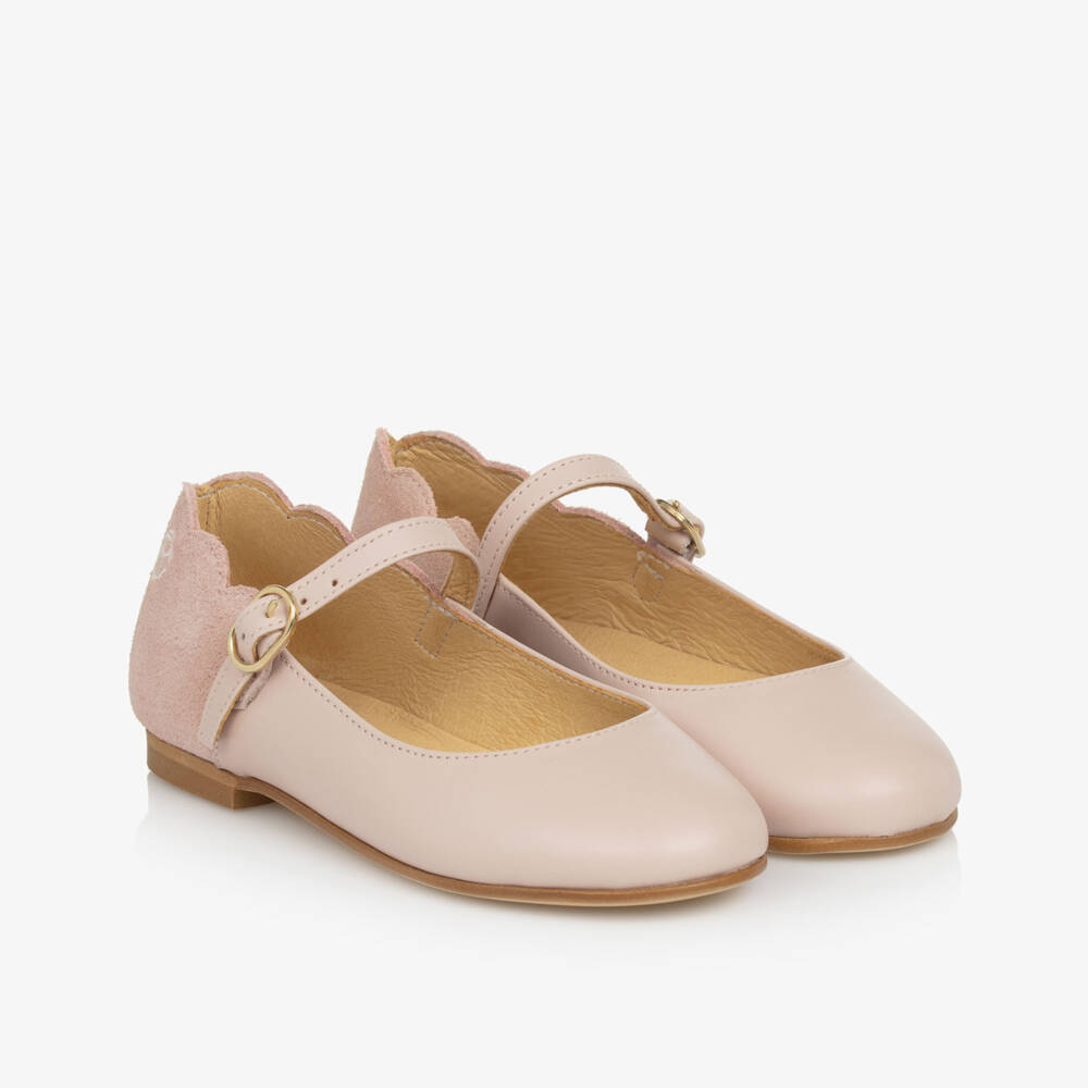 Beatrice & George-Girls Pink Leather Scalloped Mary Jane Shoes | Childrensalon