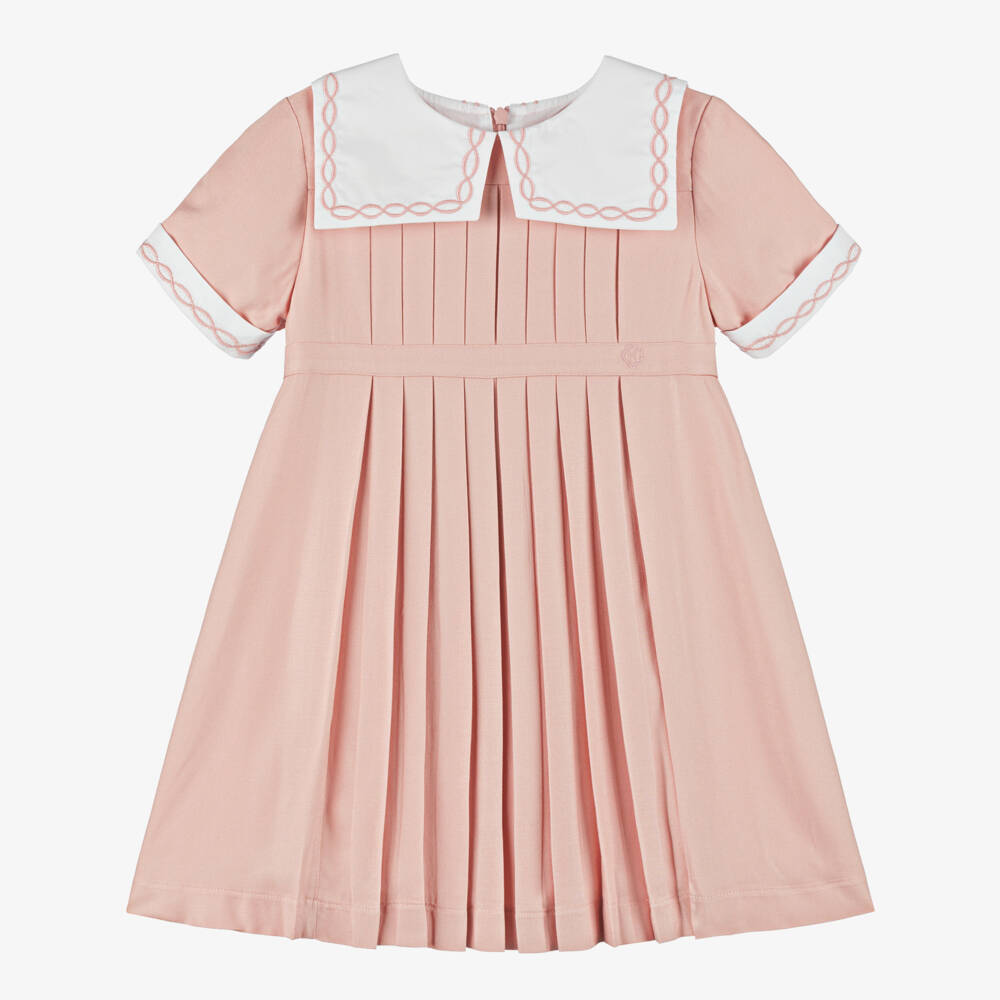 Beatrice & George-Girls Pink Pleated Dress with Square Collar | Childrensalon