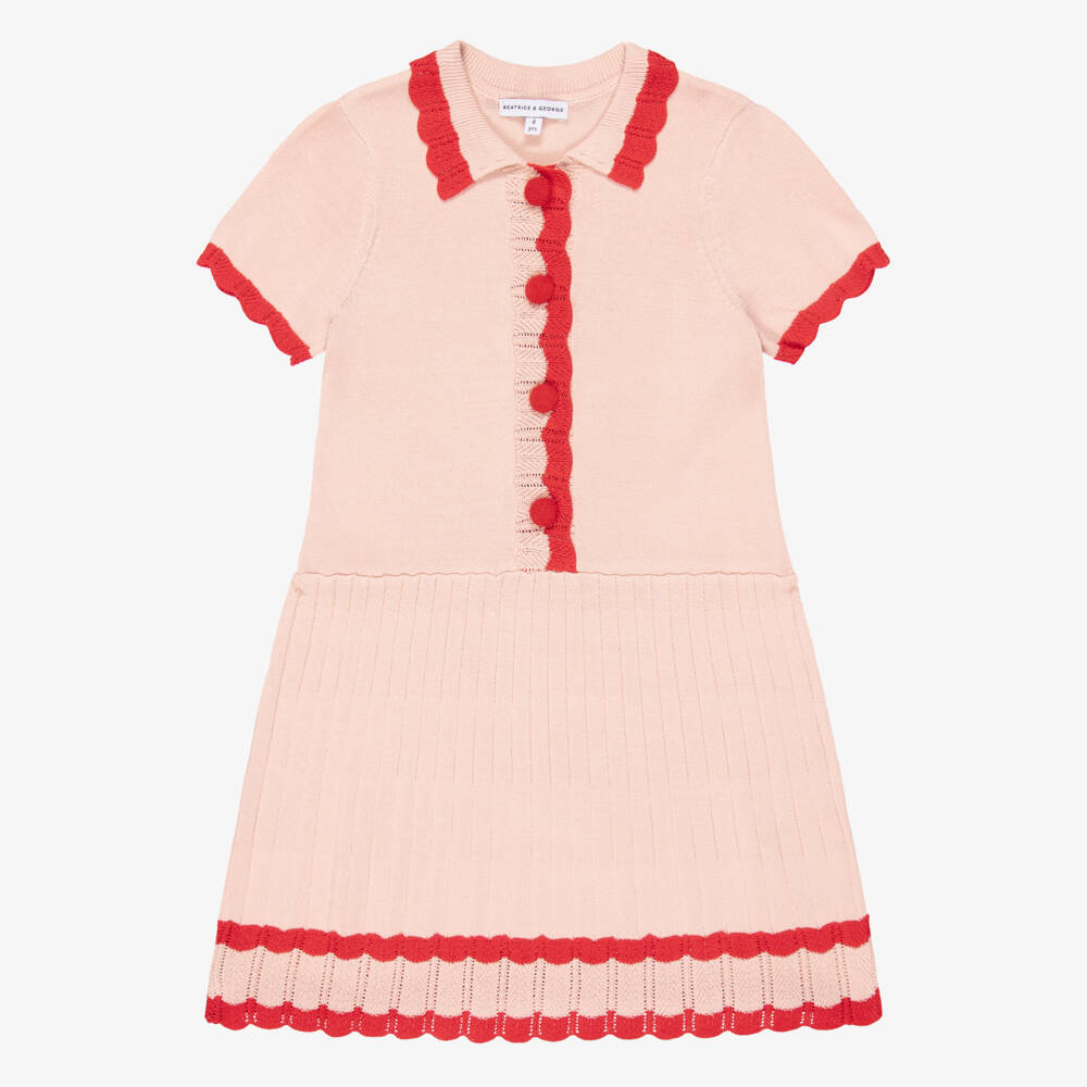 Beatrice & George-Girls Pink & Red Short Sleeve Knitted Dress | Childrensalon