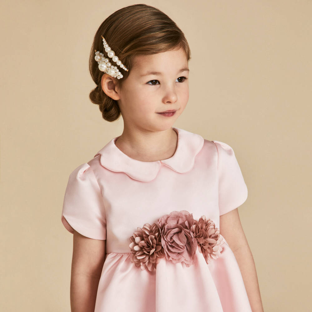 Beatrice & George-Girls Pink Satin Tulip Sleeve Dress | Childrensalon