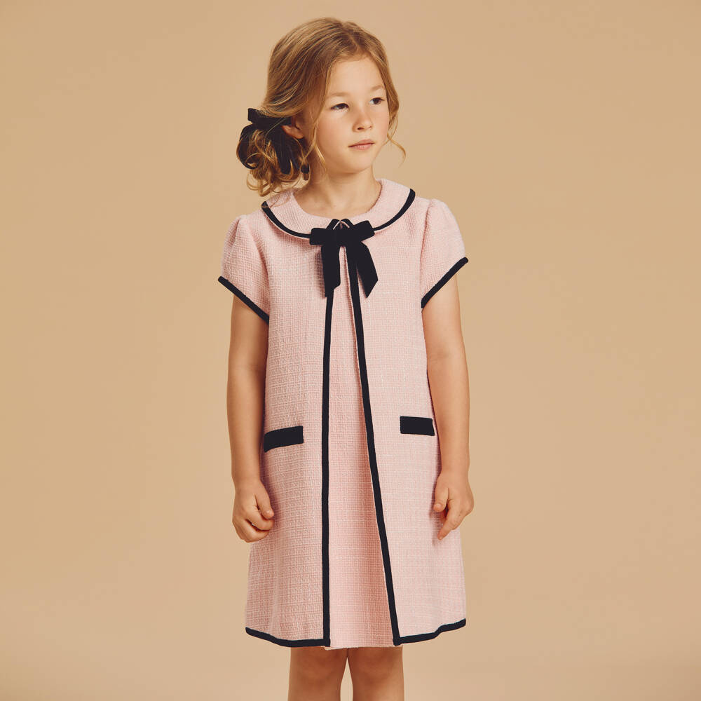 Beatrice & George-Girls Pink Tweed & Black Velvet Dress | Childrensalon