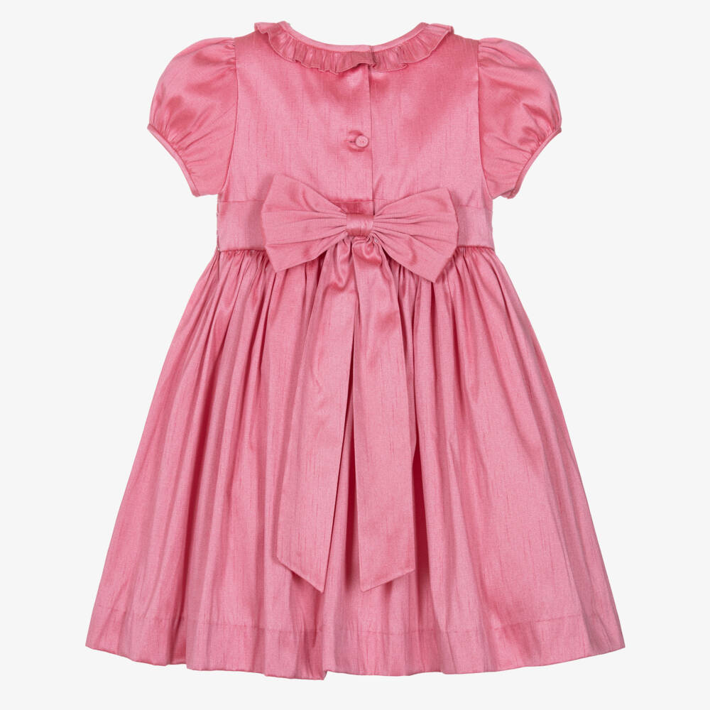 Beatrice & George-Girls Raspberry Pink Hand-Smocked Dupion Dress | Childrensalon