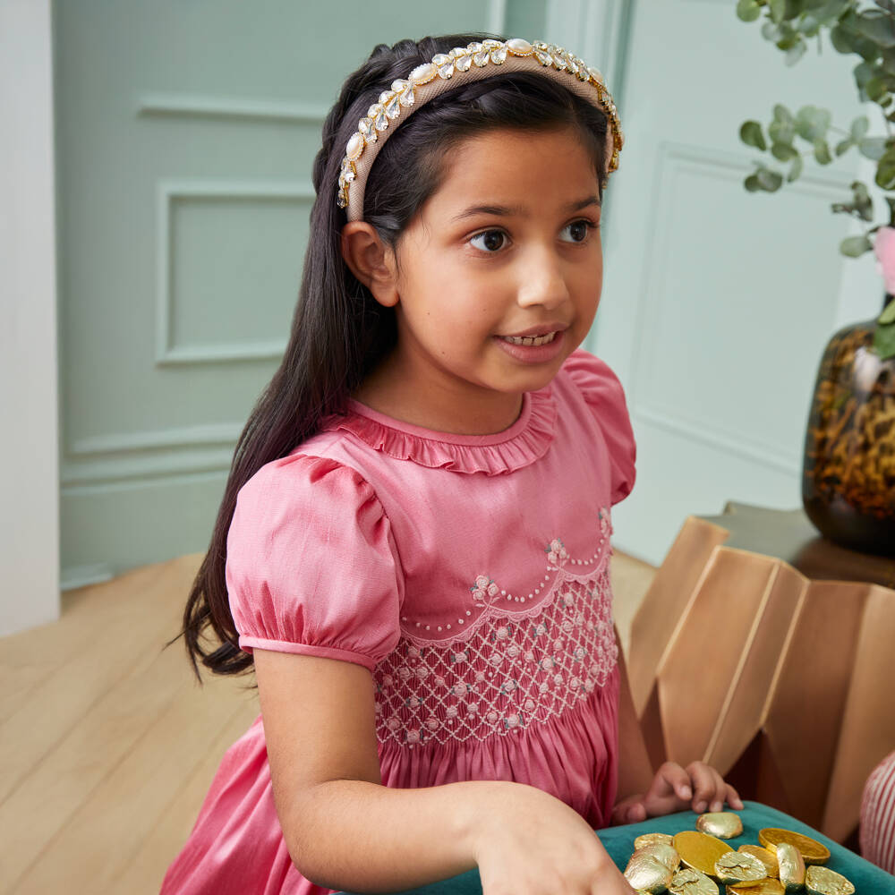 Beatrice & George-Платье малиновое из дюпиона с ручной присборенной вышивкой | Childrensalon