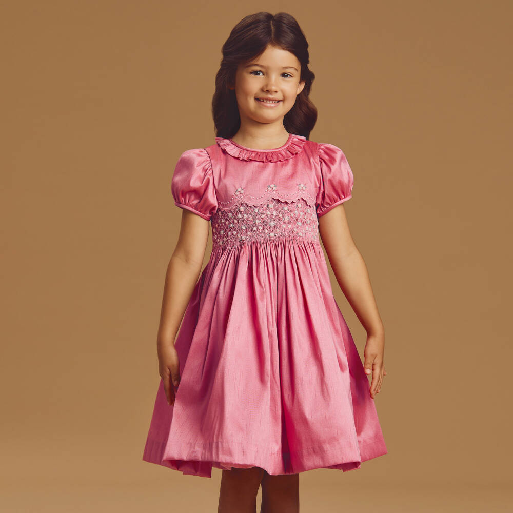 Beatrice & George-Girls Raspberry Pink Hand-Smocked Dupion Dress | Childrensalon
