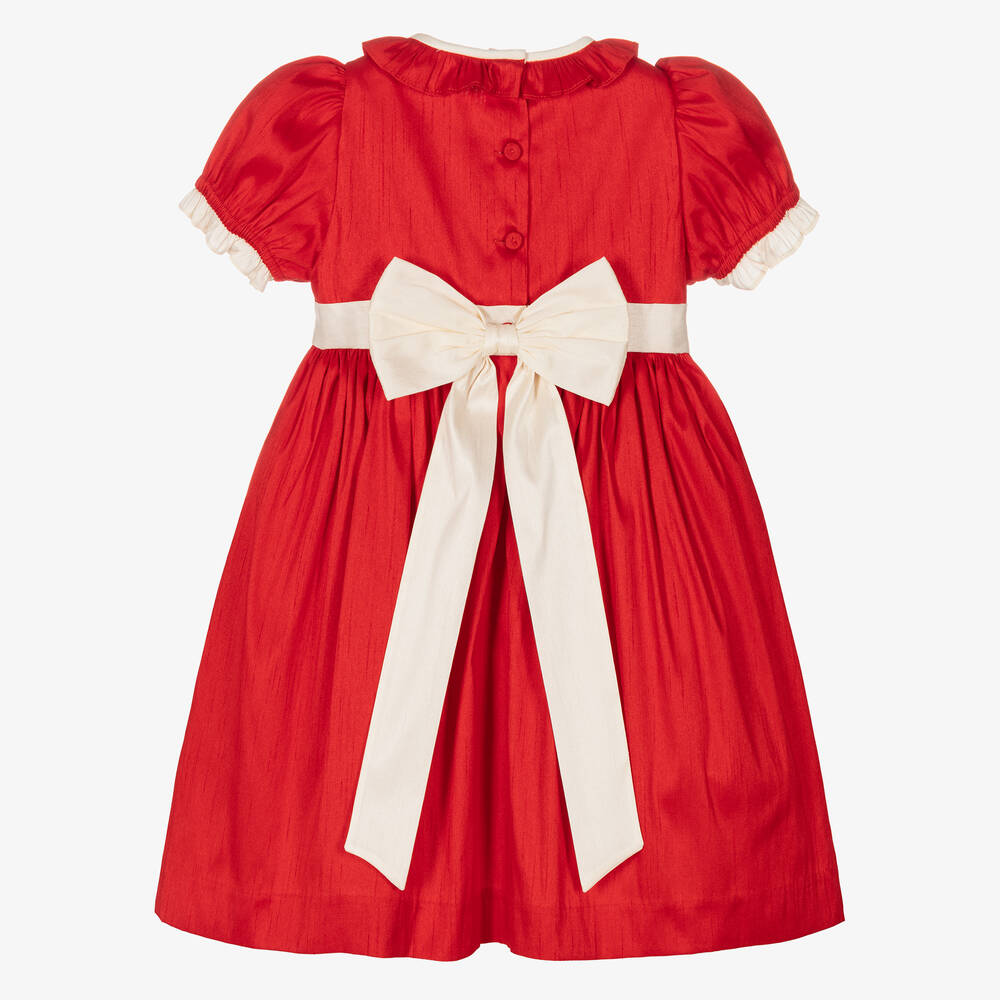 Beatrice & George-Girls Red Hand-Smocked Dupion Dress | Childrensalon