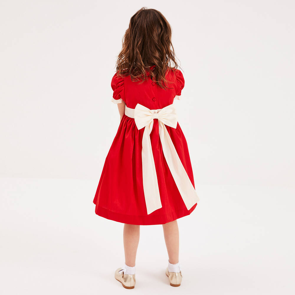 Beatrice & George-Girls Red Hand-Smocked Dupion Dress | Childrensalon