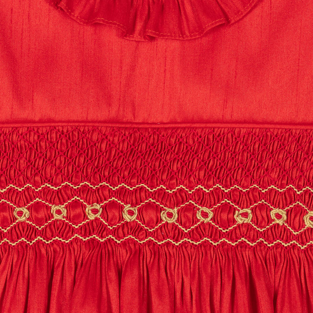 Beatrice & George-Girls Red Hand-Smocked Dupion Dress | Childrensalon