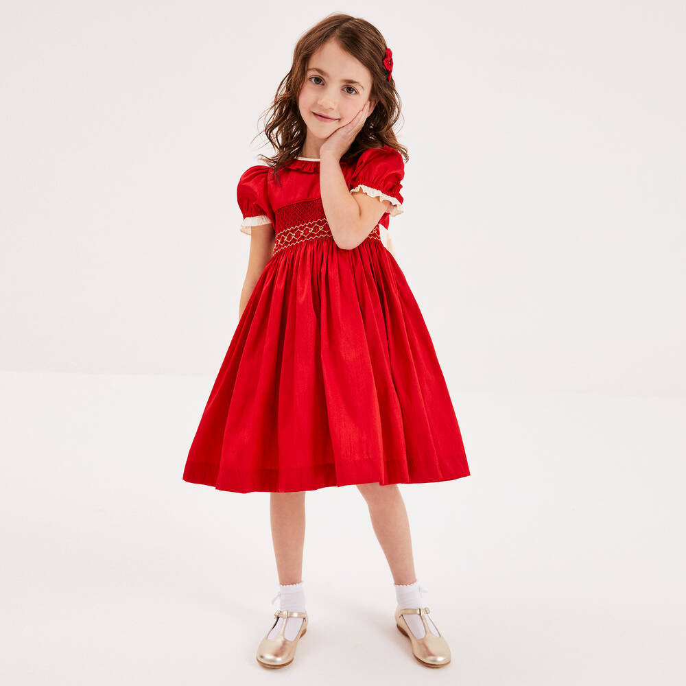 Beatrice & George-Girls Red Hand-Smocked Dupion Dress | Childrensalon