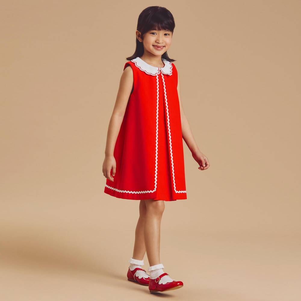 Beatrice & George-Girls Red Sleeveless Cotton Dress with Scalloped Collar | Childrensalon