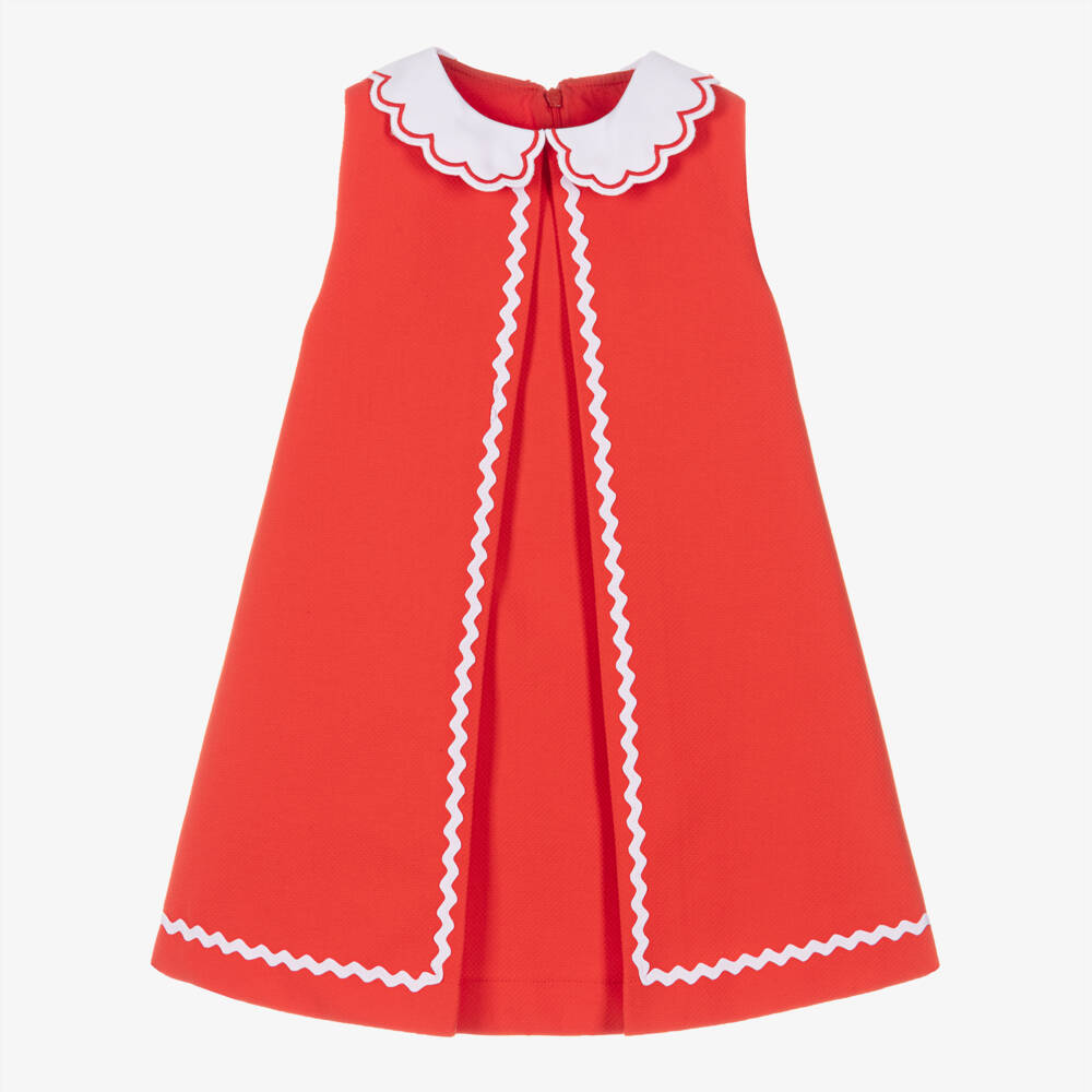 Beatrice & George-Girls Red Sleeveless Cotton Dress with Scalloped Collar | Childrensalon