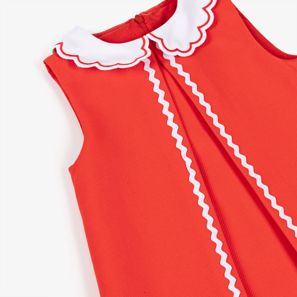 Beatrice & George-Girls Red Sleeveless Cotton Dress with Scalloped Collar | Childrensalon