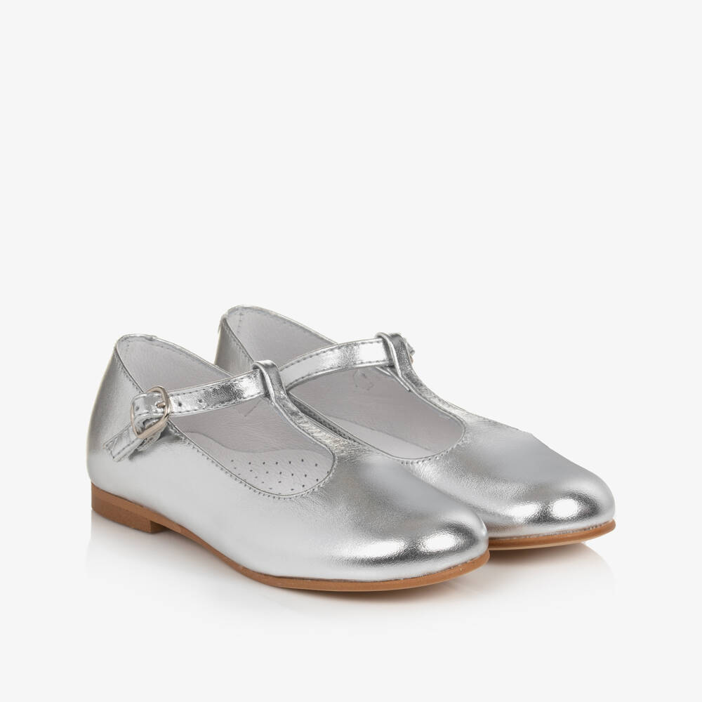 Beatrice & George-Girls Silver Leather T-Bar Shoes | Childrensalon