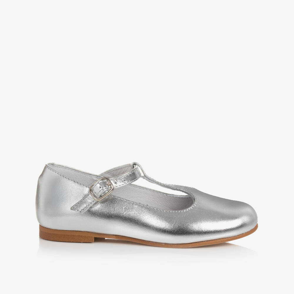 Beatrice & George-Girls Silver Leather T-Bar Shoes | Childrensalon