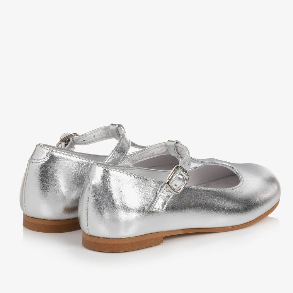 Beatrice & George-Girls Silver Leather T-Bar Shoes | Childrensalon