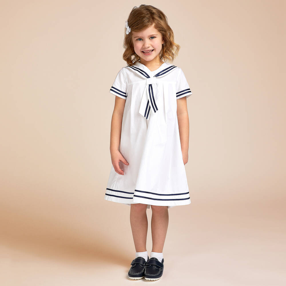 Beatrice & George-Girls White Cotton Sailor Dress | Childrensalon