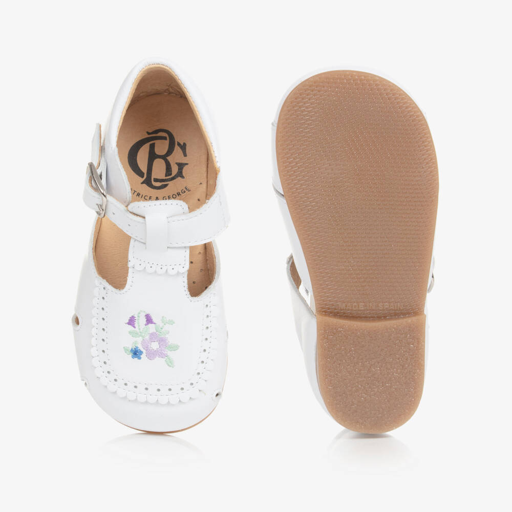 Beatrice & George-Girls White Embroidered Floral Leather Shoes | Childrensalon